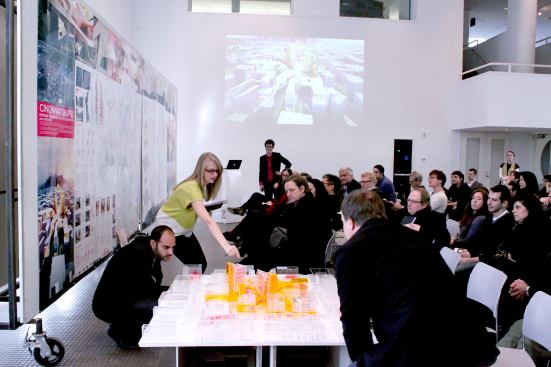 Thesis review for student Amy Westermeyer. Jury: Catherine Seavitt, Mark Robbins, Mark Lee, Lola Sheppard, Bill Price and faculty (faculty advisor Troy Schaum)