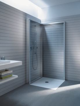 The OpenSpace shower by Duravit and EOOS folds against one wall when not in use. Its clear- or mirrored-glass shower walls fold into a chrome frame to hide fixtures, attachments, and toiletries. Doors can be lifted and folded into the frame when not in use and lowered until they lock at 90 degrees for use. Duravit, www.duravit.com; 770.931.3575.