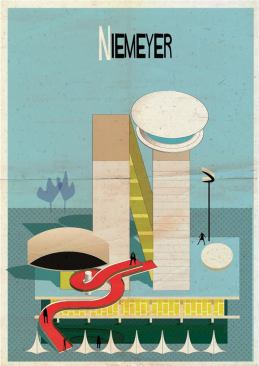 The illustration for "N" features Oscar Niemeyer's eye-shaped museum in Curitiba, Brazil.