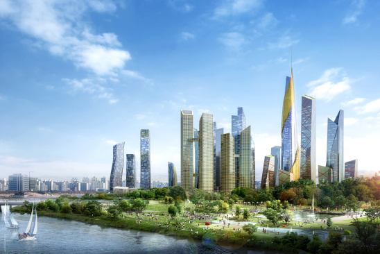 The new master plan connects the city to the Han River with public outdoor spaces.