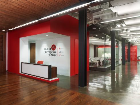 The lobby serves as a gateway to seminar rooms that can be opened up to serve as event space.