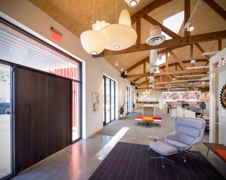 The existing tall vaulted ceilings became the perfect setting for the collaborative open plan that houses the HB team brand and showroom.