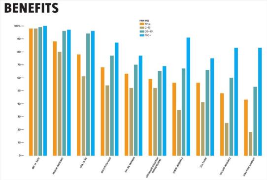 Happily, most respondents do have health insurance. When it comes to additional benefits--dental insurance, flexible spending, and disability, for example--small-firm employees fare worse than their large-firm peers do.