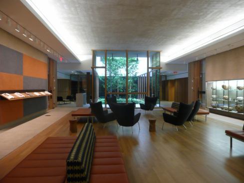 Downstairs, a museum store, restrooms, and coat check branch off this lobby area, which also features a contemplative garden.
