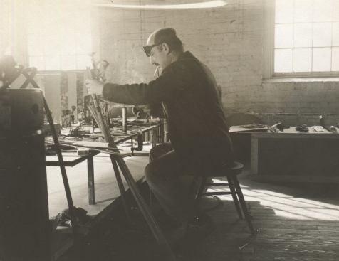 Bertoia working on his sculptures in his renovated Pennsylvania Deutsch fieldstone barn that he used as a studio for recordings.
