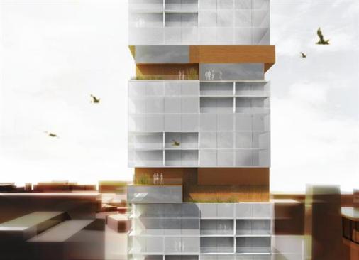 Exterior view of tower showing garden terraces.