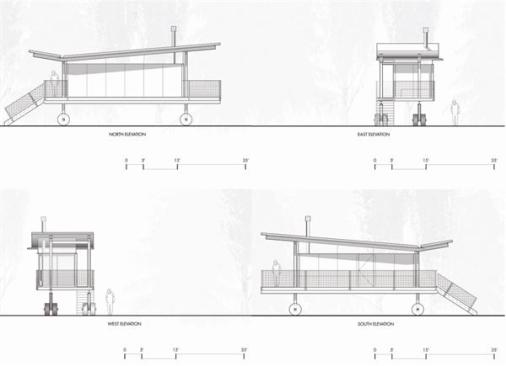 These elevation drawings illustrate each Rolling Hut from different angles.