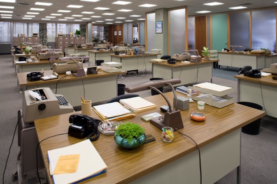A set from AMC's "Mad Men," which explores midcentury office culture and features prominently the open-yet-staid office plan that encouraged the design focus on office furniture systems.