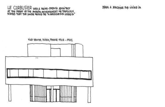 Another spread from "Draw Me a House" features freehand sketches of Le Corbusier's Villa Savoye.