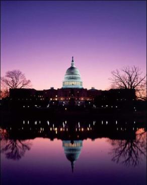 A dusk view of the U.S. Capitol, future setting of a redesign by National Mall Competition winners Gustafson Guthrie Nichol & Davis Brody Bond