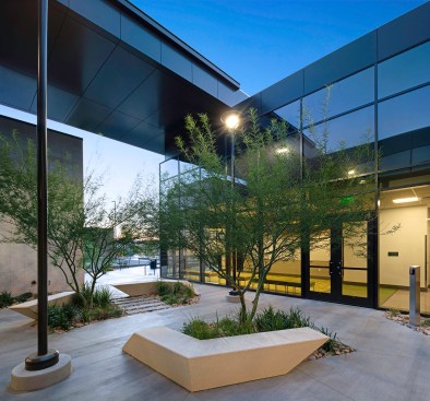 Desert adaptive plant material and landforms provide a traditional approach of 
the local environment working with the natural surroundings. The use of tiered 
landforms as well as a fractured, organic layout of planters and seating introduce 
several strategic “people” spaces throughout the site.  Whether students or faculty wish to sit in groups or enjoy a quiet respite, the organic spaces provide these different environments. 