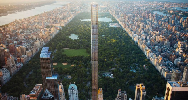 An aerial rendering of SHoP's West 57th Street supertall