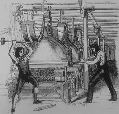 Luddites, also called frame-breakers, smash a loom in protest of the encroachment of new technologies on traditional craft.