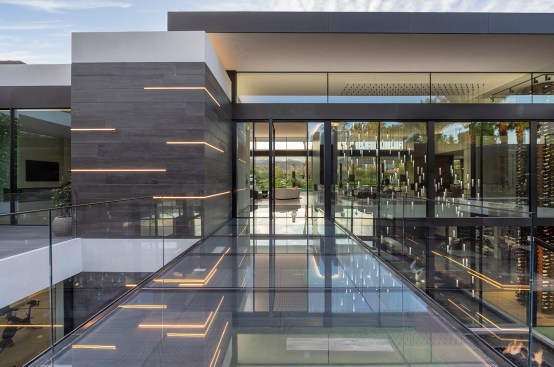 Serenity Indian Wells glass wall luxury home modern entry & front door with embedded LED accent lighting