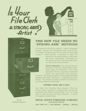 Metal Office Furniture Co. patented suspension file cabinets in 1934 and introduced double-wall drawers for added durability.
