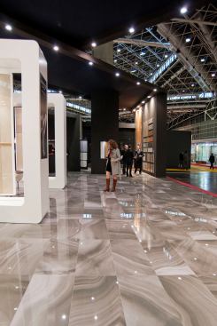 The look of high-gloss, polished stone recreated on ceramic tile was other trend at Cevisama, as shown by Ceracasa's Absolute collection.