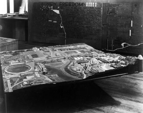 Broadacre City model in construction in Arizona. 1935.