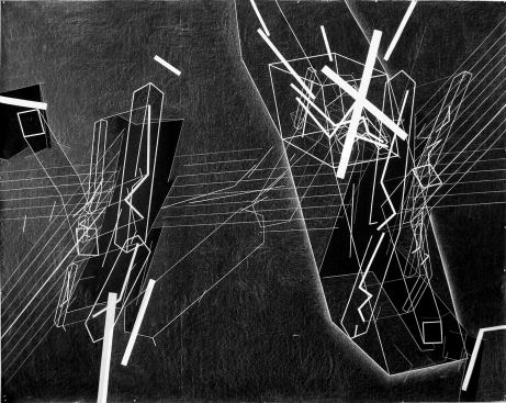 Lebbeus Woods, Conflict Space 4, 2006; crayon and acrylic on linen; 74 x 120 in. (187.96 x 304.8 cm); Collection SFMOMA, purchase through a gift of anonymous donors and the Accessions Committee Fund