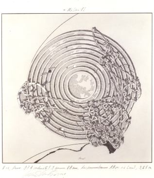 Lebbeus Woods, Concentric Field, from the series Centricity, 1987; graphite on paper; 23 in. x 24 in. (58.42 cm x 60.96 cm); Collection SFMOMA, purchase through a gift of the Members of the Architecture + Design Forum, SFMOMA Architecture and Design Accessions Committee, and the architecture and design community in honor of Aaron Betsky, Curator of Architecture, Design and Digital Projects, 1995–2001