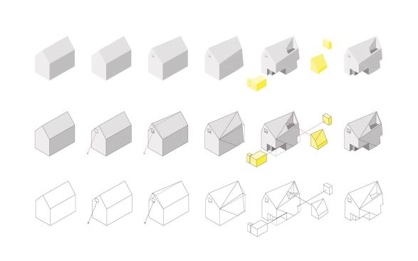 This drawing shows Sokol's simple starting point and the moves he made in response to the site and program that resulted in the final form.