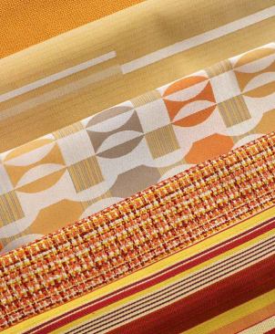 KnollTextiles design director Dorothy Cosonas found inspiration in a Chanel jacket when she designed 
Sinclair, one pattern in 
KnollTextiles’s 
Pavilion collection. The collection also includes two other solution-dyed, performance upholstery fabrics, 
Noble and 
Baxter, and two privacy curtain polyester fabrics, 
Decobeat and 
Sidestep. All fabrics in the Pavilion collection are Greenguard certified. Shown from top to bottom are Noble, Sidestep, Decobeat, Sinclair, and Baxter. 
Read more.