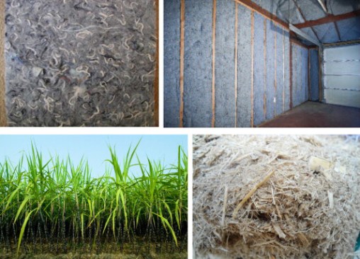 Top: Panel made of recycled cotton (left) and denim (right). Bottom: Sugarcane (left) and sugarcane bagasse (right).