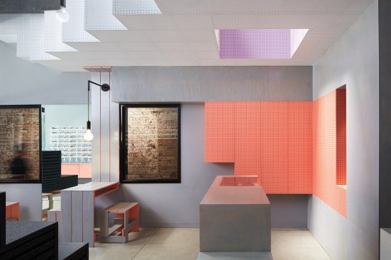 For the Echo Park location of Gogosha Optique, Formation Association developed a serene color scheme punctuated by colorful surfaces to showcase the optical frames for sale.