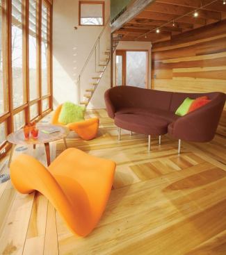 residential architect, September/October 2008  Under the Lotus Yoga Studio, Clarke County, Va.  Architect: Carter + Burton Architecture, Berryville, Va.; Builder/Woodworker: Charles H. Snead Co., Boyce, Va.   Inspired by the main house's ultra-efficient plan, the clients came up with the idea of embedding sleeping berths into the yoga studio's floor. To accomplish this, architect Jim Burton designed three boxes measuring just more than 6 feet, 8 inches in length to fit beneath the floorboards above the plywood subfloor. He slipped them between the floor joists. Custom mattresses fill the boxes and are each concealed by a pair of interlocking floor panels, which fit into slots flanking each bed. When the floor panels are open, the fiberglass bands that protect the custom mattresses and support the yoga floor can be removed to serve as benches.