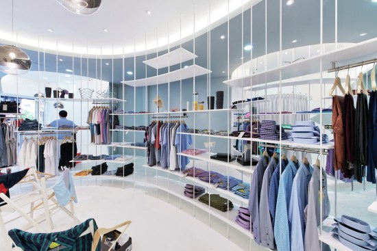 For 15 Sheets, a storefront in Kuala Lumpur, the firm created a suspended display system that forms zones within the store.