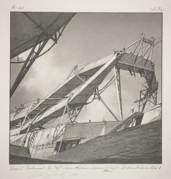 Lebbeus Woods, Unified Urban Field, from the series Centricity [no. 37], 1987; graphite on paper; 24 in. x 23 in. (60.96 cm x 58.42 cm); Collection SFMOMA, purchase through a gift of Ned and Catherine Topham and the Accessions Committee Fund