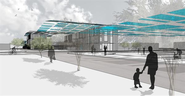 L. Michael Lu | View south of Kingspan "Profile" Mixed-Income / Mixed-Use Multifamily Housing
