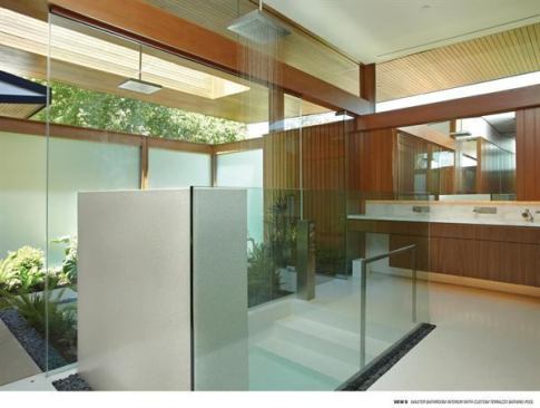 Fogged glass exterior walls partnered with a clear interior partition and clerestory windows give this custom terrazzo bathing pool the feel of being both indoors and out. Project: Ridgeline House, Pasadena, Calif.; Architect: Montalba Architects, Santa Monica, Calif.; Builder: Sarian Builders, Beverly Hills, Calif.