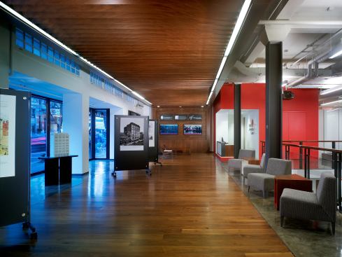 The wood-clad lobby also serves an an exhibition venue to showcase projects. Through June 30, it plays host to "Could Be: The AIA|DC Awards for Unbuilt Architecture," an exhibition curated by the National Building Museum.