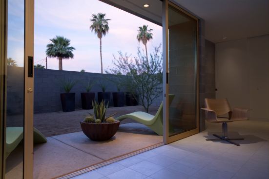 In the courtyard of this condo is a mesquite tree, Agave Americana, Date palm, and Bundle Hedgehog cactus—all native plants.