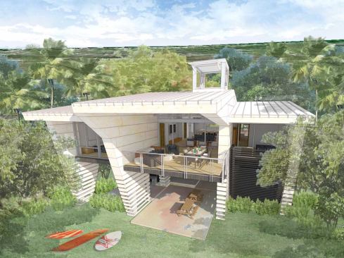 Unbuilt Award  A’ama Nui, Single-Family Residence  Architect: Robert Iopa, AIA, LEED AP, WCIT Architecture, Honolulu   Jury Comments:  The drawings and story were charming and almost distracting, because they were so well done. We like the modesty of the building and simplicity of the floor plan. The use of simple architectural elements is commendable. A wood slatted screen at the entry is reminiscent of local vernacular houses, providing privacy and encouraging light and breezes to enter. The drawings effectively communicate how well the spaces relate to the distant views.