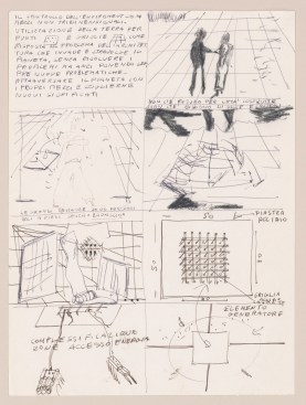 Storyboard describing the materials and energy distribution of the "Supersurface" universal grid, with sketches of various scenes whose sequence was ultimately altered for the film, 1972
