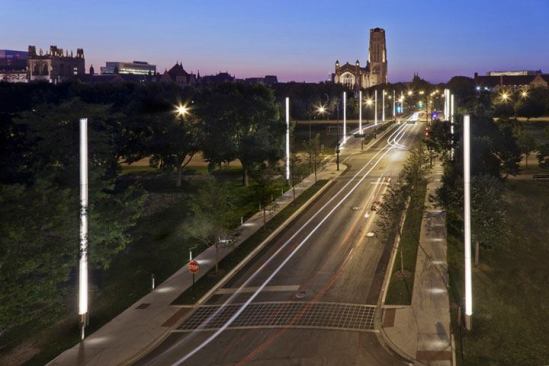 Standard street poles were required by the City of Chicago to meet roadway illumination levels. Calculations were done to determine which poles would have to be removed or relocated to coordinate with the new lighting scheme.