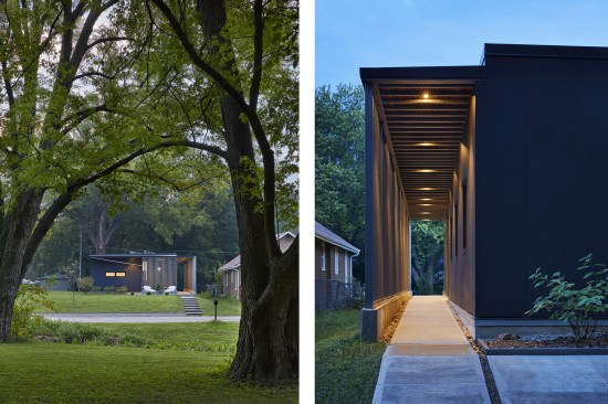 Left: Only 24 feet wide, the house tucks neatly into the suburban infill site. Right: The steel screen along the south façade provides shade and reduces solar gain.