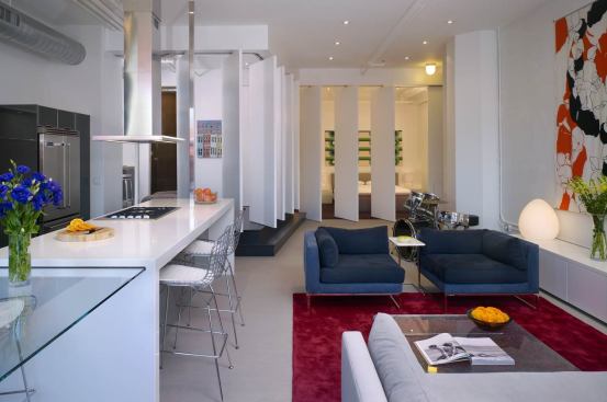 Another view of living, dinging, and kitchen areas with partitions pulled shut, but angled open.
