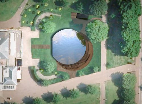 An aerial rendering of the pavilion as it sits in the gardens, with water on the pavilion roof reflecting the sky above