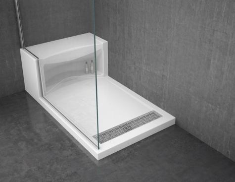 The 36-inch-by-60-inch Alessa expands the manufacturer’s shower base collection. The acrylic product features a bench that can be used as a seat or footrest (or storage underneath). The linear drain cover comes in a chrome finish. www.fleurco.com.