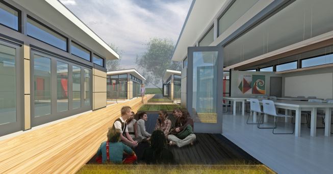 Rendering of multiple Sprout Space units deployed to produce a larger-scale learning environment, using outdoor corridors for circulation.