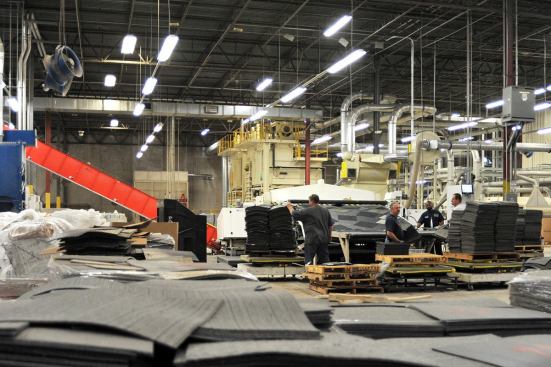 Each tile is identified by its composition—nylon 6, nylon 6,6, or other polymers, all of which have different melting points—and sorted into different reclamation streams. Interface processes between 40,000 and 50,000 pounds of carpet tiles, and between 25,000 and 35,000 pounds of broadloom carpet, daily.
