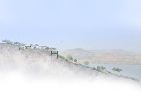 Cross Section through the house on a contoured site at Pavna lake near Lonavala, Mumbai