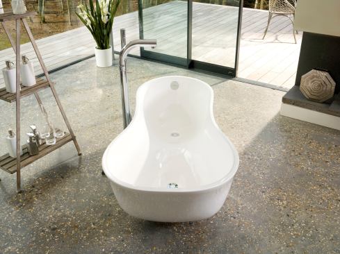 Victoria + Albert added the Cabrits freestanding bathtub, which is cast from a glossy combination of finely ground volcanic limestone and resin. The tub’s shape is designed to fit the body’s contours and measures 68 inches long, 29 3/8 inches wide, and 22 1/2 inches deep. Victoria + Albert, www.vandabaths.com; 800.421.7189.