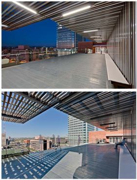Shade Platform  Award of Merit 
SmithGroup JJR An extension of a re-roofing project for the Maricopa County Security Center Building in Phoenix, SmithGroup’s Shade Platform incorporates an elevated deck that offers contrast with the historical structure’s roof while providing a shaded area in a sun-drenched urban environment. A steel frame was built to span the existing roof deck and ties into existing structural supports, completed with structural steel planks and glass rails; colored aluminum tubes were distributed randomly on the south and west edges for added depth.