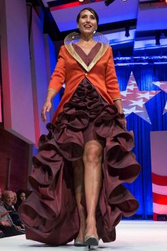Nita Tuvesson wears HOK's outfit, constructed with Carnegie upholstery fabrics.