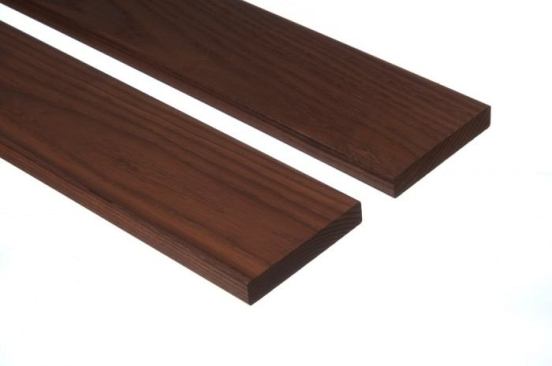 Made from domestic ash, Thermory thermally modified decking has been heated to approximately 400 degrees. The heat rearranges cell structure to stop movement related to moisture, and it resists rot and insect infestation for 25 years or more. Attica Millwork. 
www.thermoryusa.com.