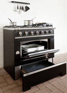 The French-made 1908 gas range from La Cornue is 36-inches-wide and features a vaulted natural convection gas oven, five high-performance gas burners, and a 17,500 BTU central burner. It comes in gloss and matte black, stainless steel, and two blue and two white options. Chrome trim is available with polished brass or polished copper accents. LaCornue, www.lacornueusa.com; 800.457.1356.
