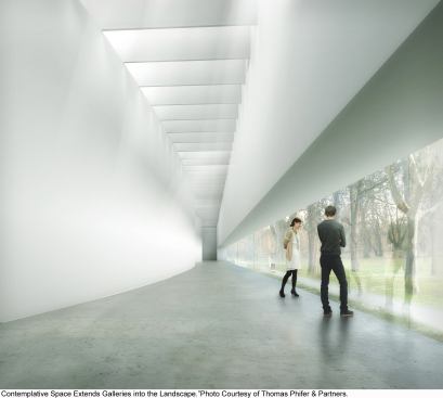 Interior rending, showing one of the new gallery spaces. The new wing contains an additional 26,000 square feet of gallery space for the museum to display its collection of contemporary glass works.